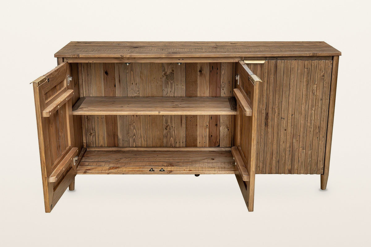 Pettorano sideboard in Brown with the left and middle doors open on a warm white studio backdrop, showing a shelf inside