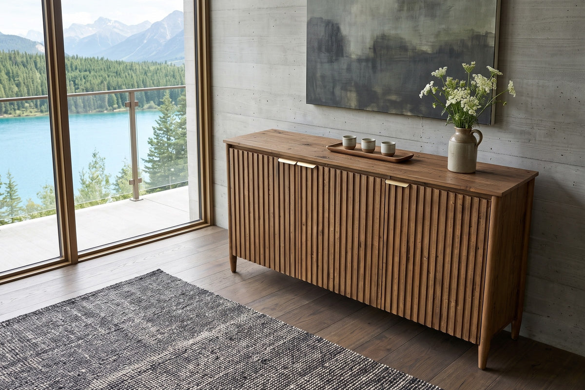 Pettorano sideboard in Brown seen from above at an angle against board-formed concrete in a Windermere mountain house