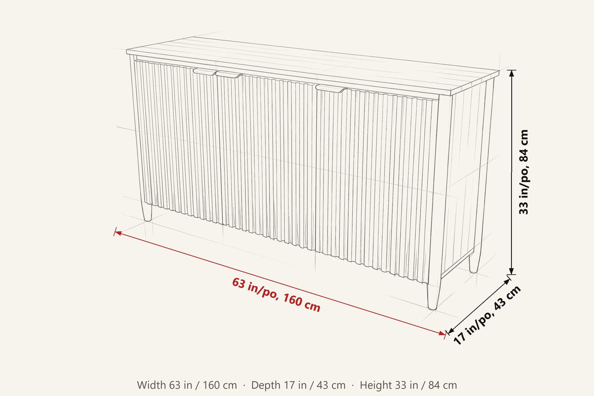 Pettorano dimensions on a pencil sketch of the sideboard: 63 in wide, 17 in deep, 33 in high