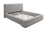 Pierce Queen platform bed in mushroom fabric, three-quarter view showing the wood slats