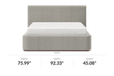 Pierce Queen platform bed in mushroom fabric, front view with dimensions