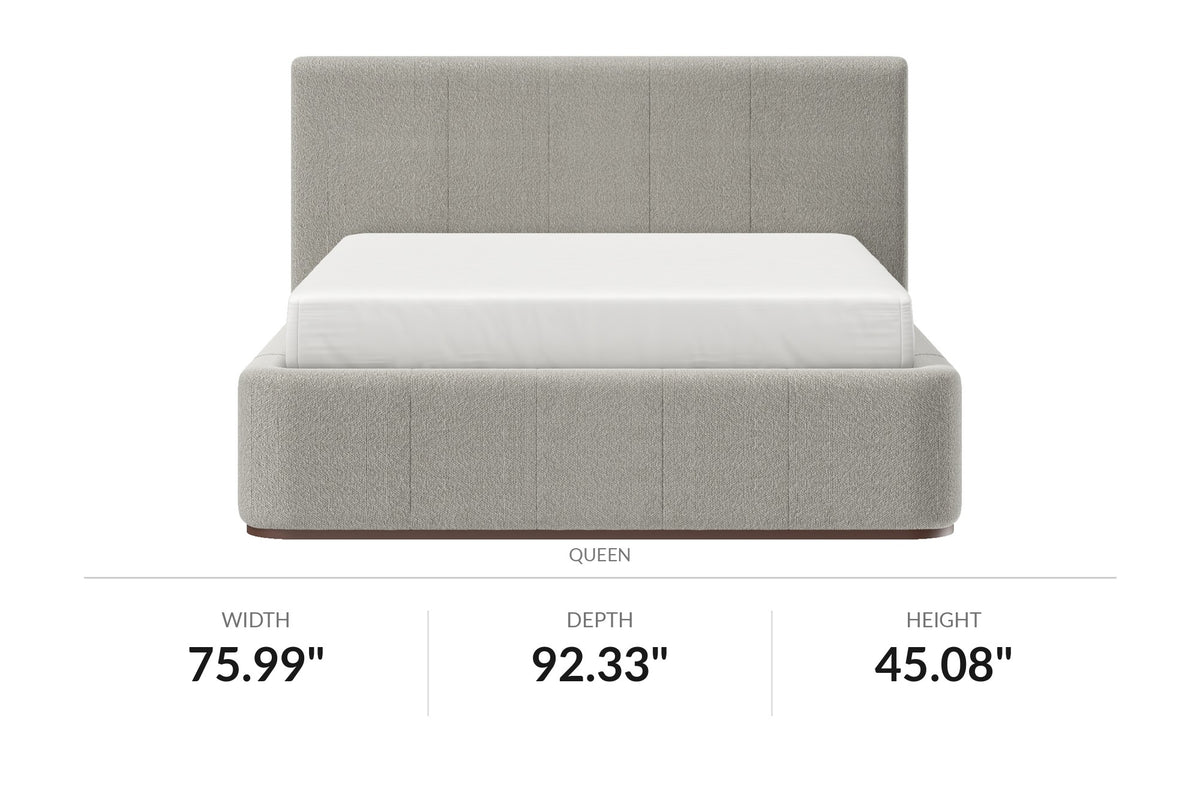 Pierce Queen platform bed in mushroom fabric, front view with dimensions