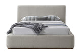 Pierce Queen platform bed in mushroom fabric, front view dressed with bedding
