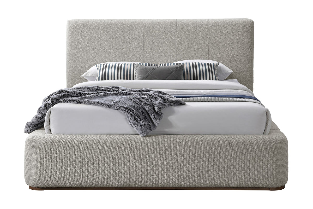Pierce Queen platform bed in mushroom fabric, front view dressed with bedding