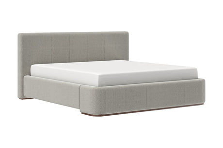 Pierce King platform bed in mushroom fabric, three-quarter view with mattress