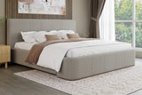 Pierce King platform bed in mushroom fabric in a bedroom with a wood slat feature wall