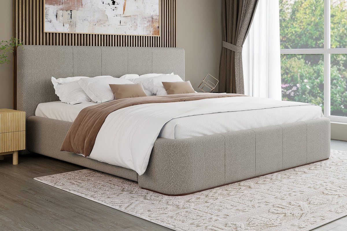 Pierce King platform bed in mushroom fabric in a bedroom with a wood slat feature wall