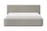 Pierce King platform bed in mushroom fabric, front view with mattress