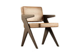 Pierre Jeanneret-style dining chair in dark brown oak and cognac leather, front three-quarter view on a white background