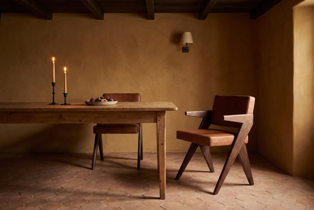 Two Pierre Jeanneret-style dining chairs in dark brown oak and cognac leather at a long pine table with two lit candles in black iron holders and a dish of figs, against ochre plaster walls under dark timber beams with a shaded wall lamp, on hexagonal terracotta tiles in the evening