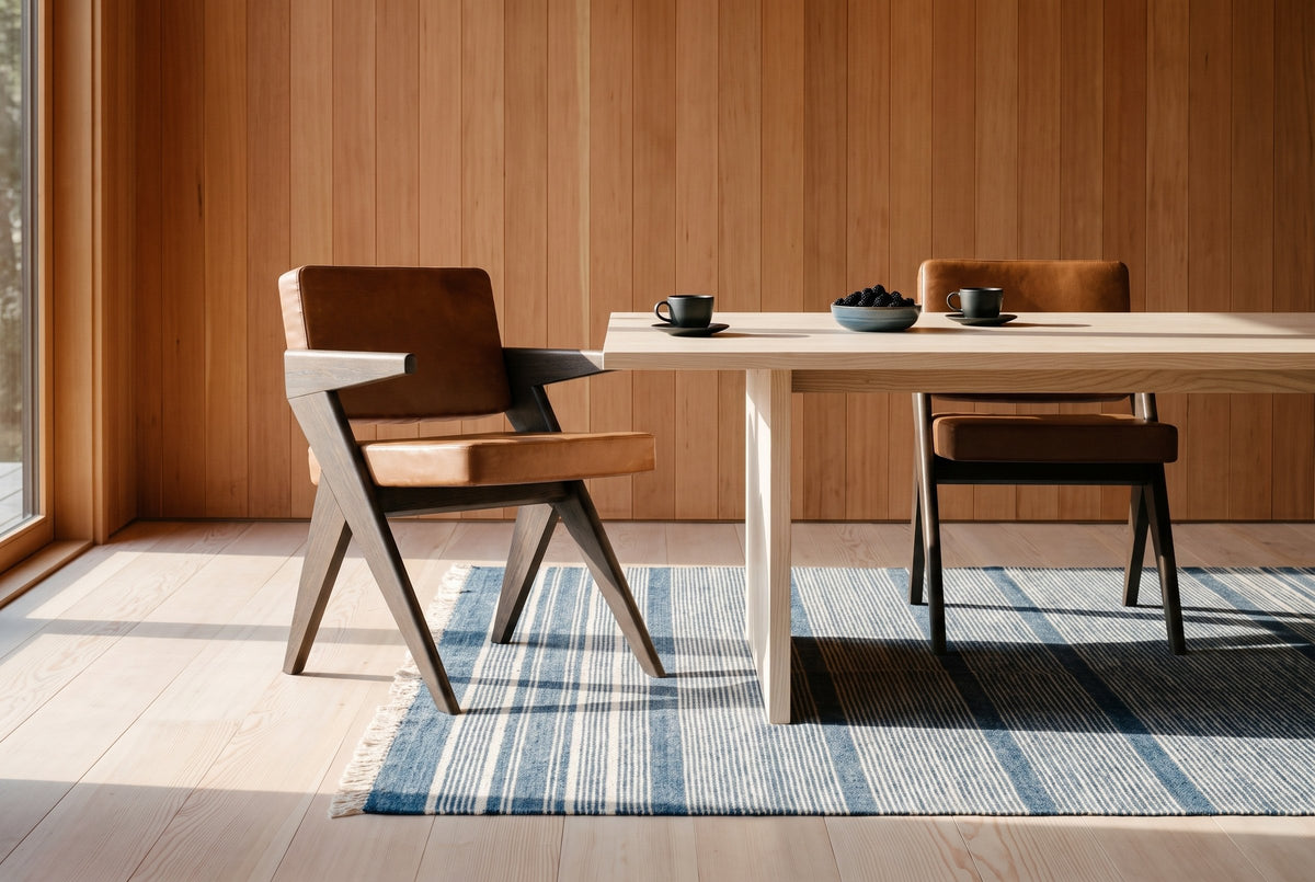 Two Pierre Jeanneret-style dining chairs in dark brown oak and cognac leather at a pale ash table with two black coffee cups and a bowl of blackberries, on a blue and ivory striped rug, against vertical cedar board walls beside a tall window in morning sun