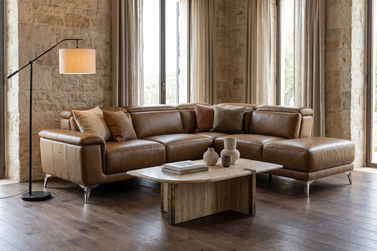 Valencia Pista Distressed Leather Reclining Chaise Sectional Sofa