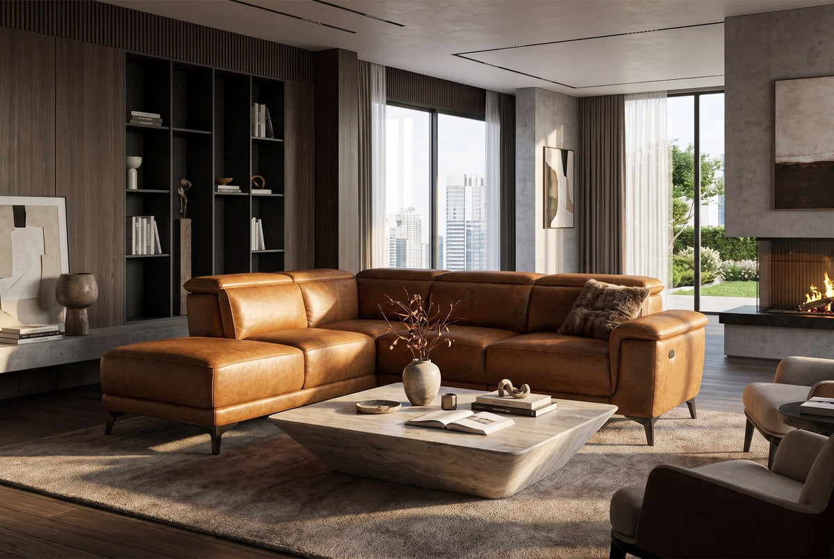 Pista Distressed Leather Reclining Chaise Sectional Sofa