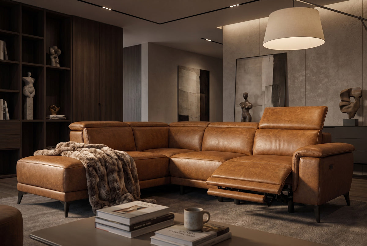 Pista Distressed Leather Reclining Chaise Sectional Sofa