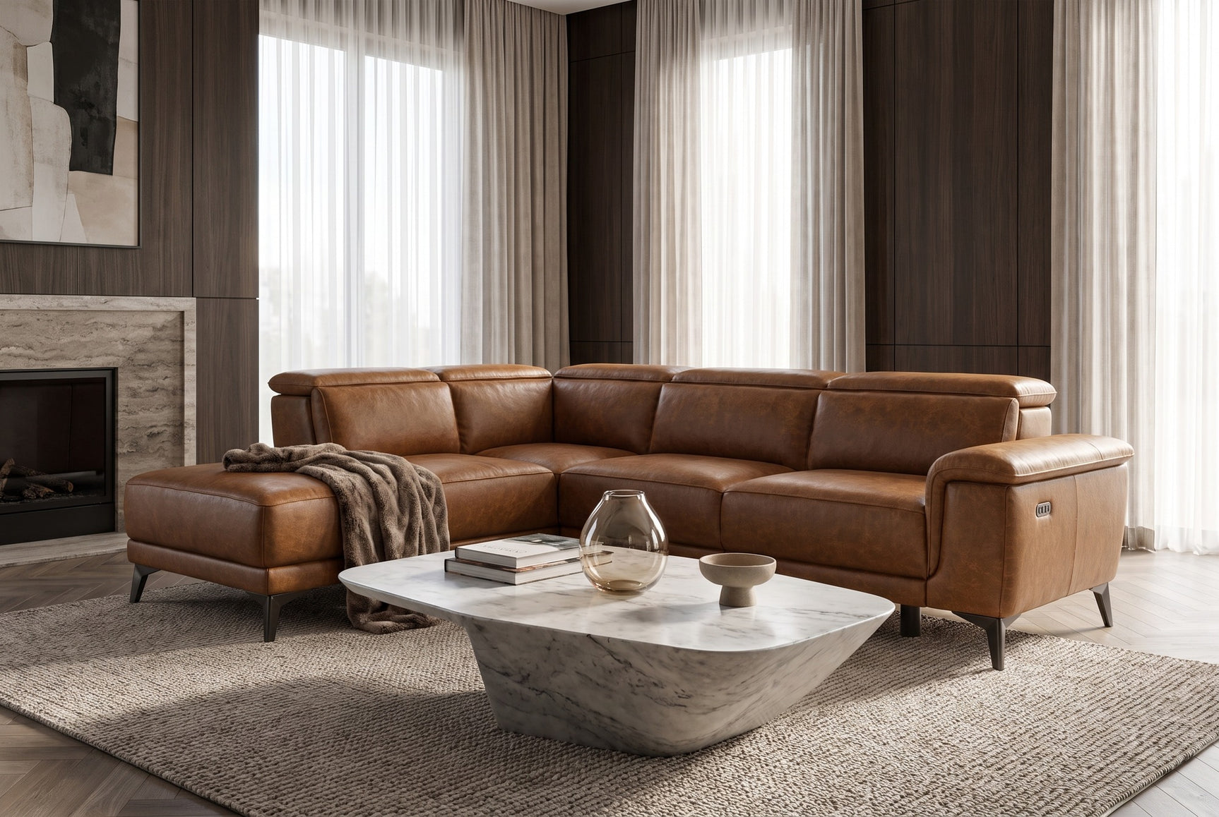 Pista Distressed Leather Reclining Chaise Sectional Sofa