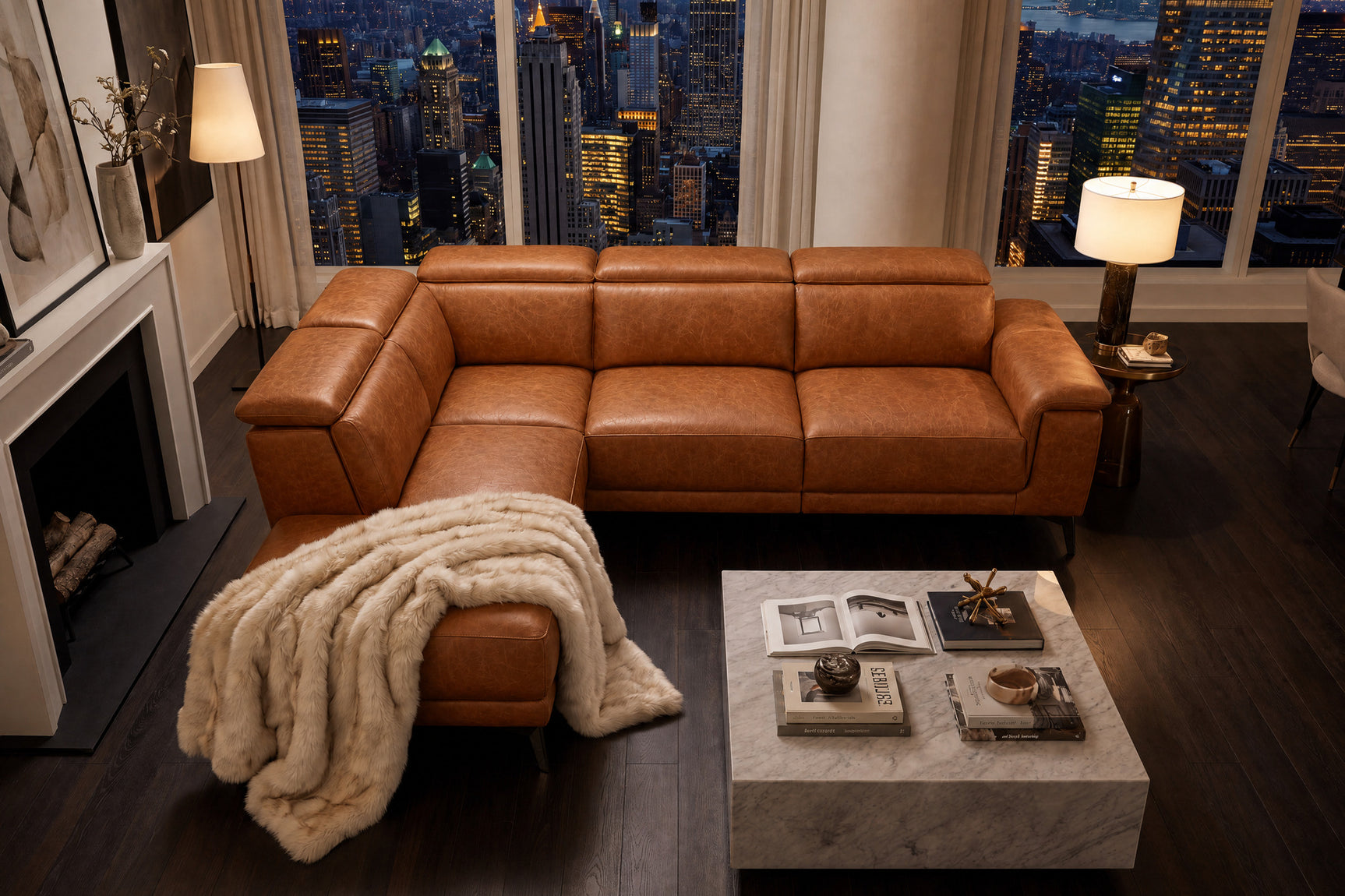 Pista Distressed Leather Reclining Chaise Sectional Sofa