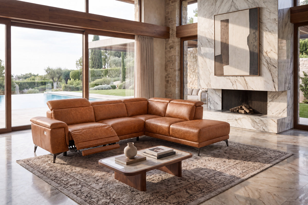 Pista Distressed Leather Reclining Chaise Sectional Sofa