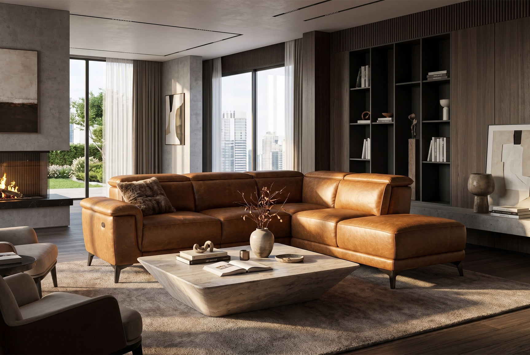 Pista Distressed Leather Reclining Chaise Sectional Sofa