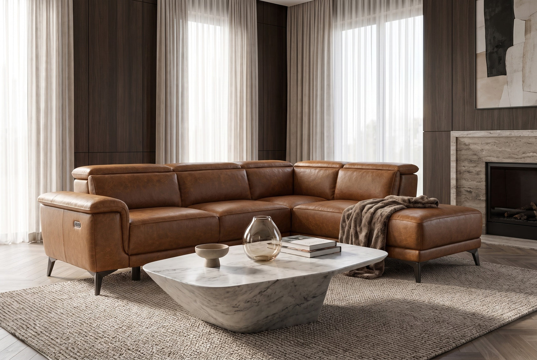 Pista Distressed Leather Reclining Chaise Sectional Sofa
