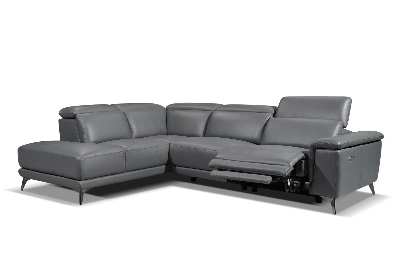 Valencia Pista Modern Top Grain Leather Reclining Sectional Sofa with Left-Hand Facing Chaise, Grey