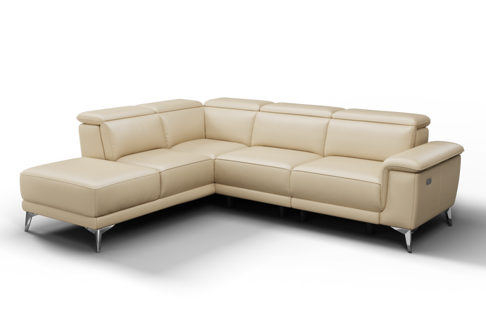 Valencia Pista Modern Italian Top Grain Leather Reclining Sectional Sofa with Left-Hand Facing Chaise, Beige