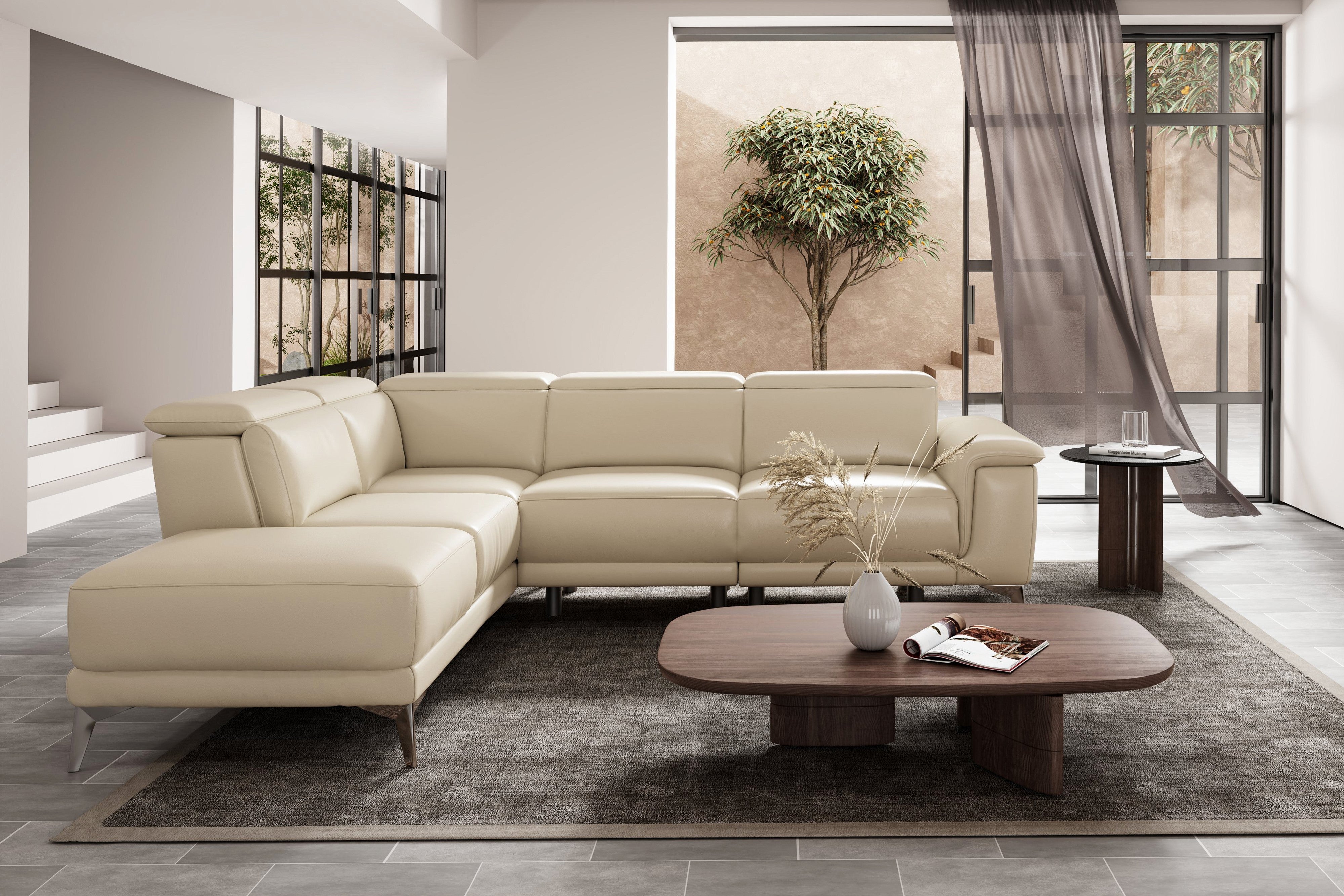 Valencia Pista Modern Italian Top Grain Leather Reclining Sectional Sofa with Left-Hand Facing Chaise, Beige