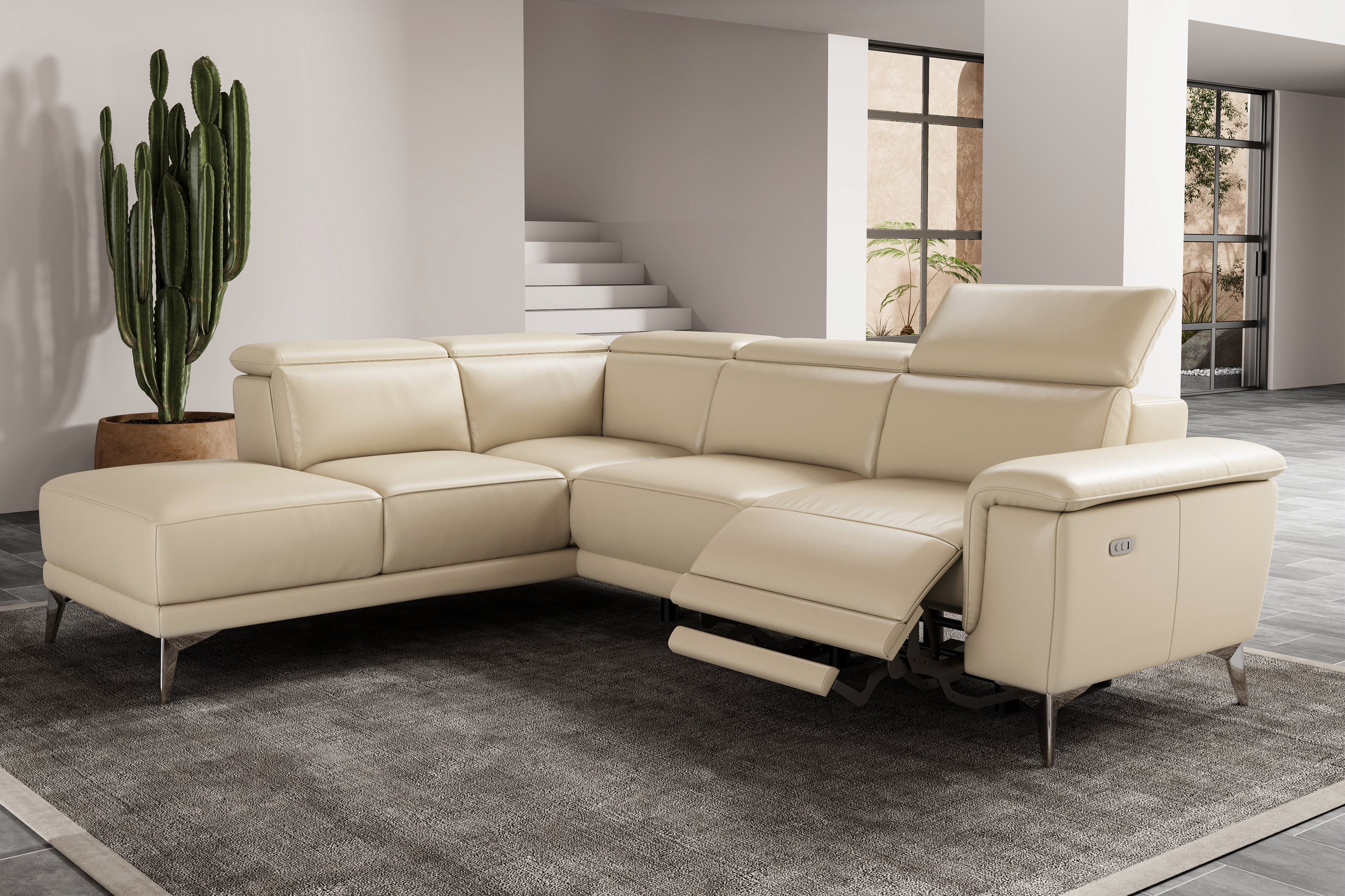 Valencia Pista Modern Italian Top Grain Leather Reclining Sectional Sofa with Left-Hand Facing Chaise, Beige