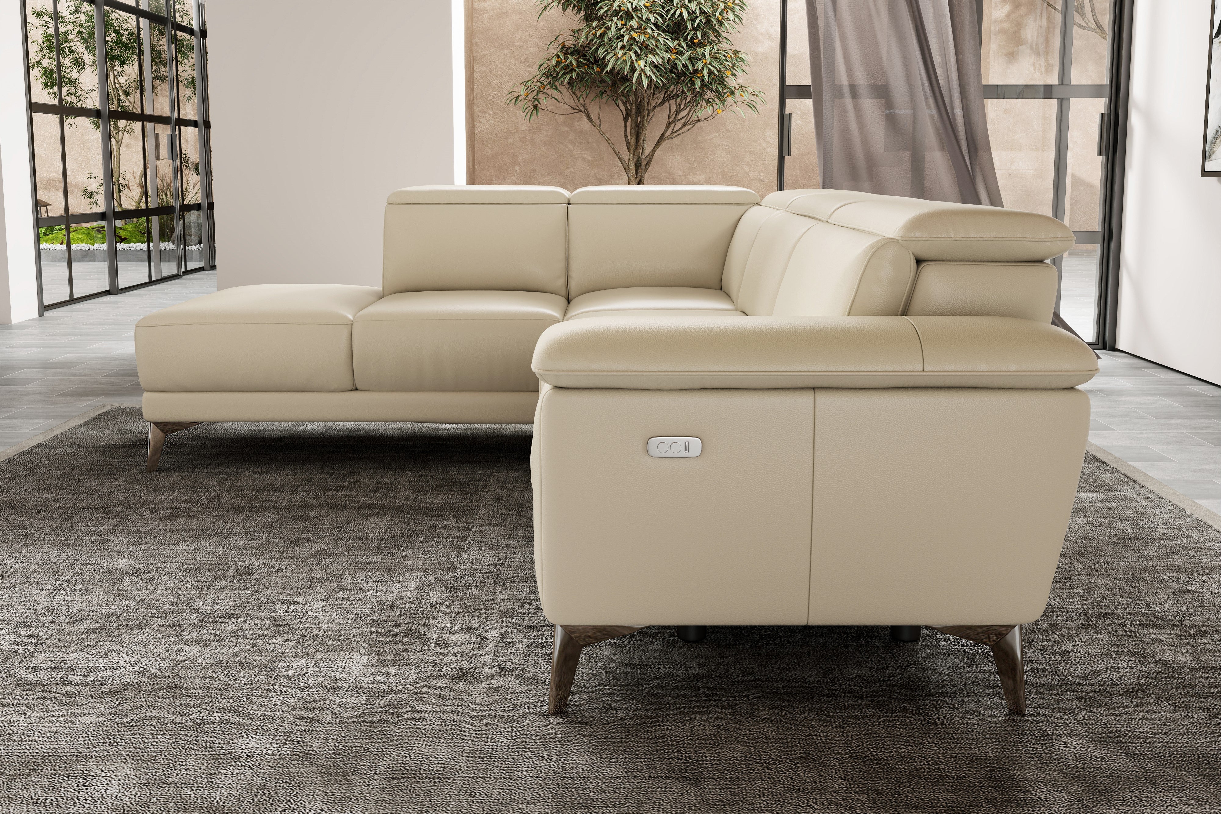 Valencia Pista Modern Italian Top Grain Leather Reclining Sectional Sofa with Left-Hand Facing Chaise, Beige