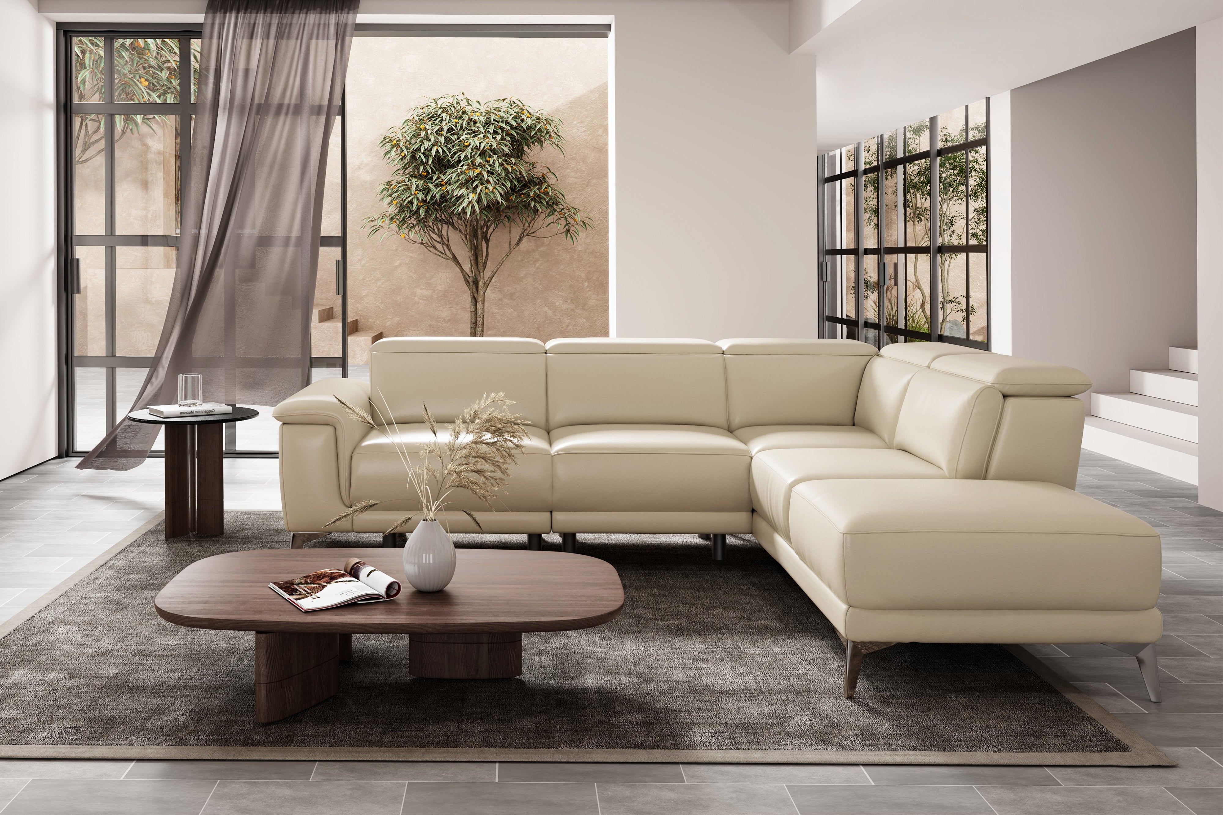 Valencia Pista Modern Top Grain Leather Reclining Sectional Sofa with Right-Hand Facing Chaise, Beige