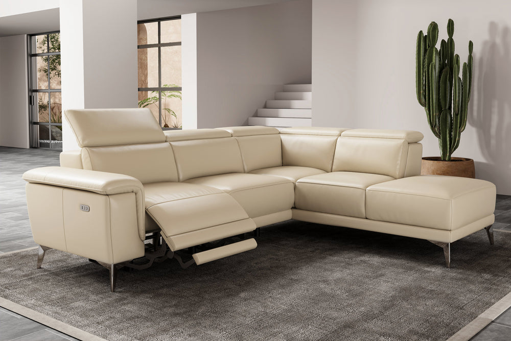 Valencia Pista Modern Top Grain Leather Reclining Sectional Sofa with Right-Hand Facing Chaise, Beige