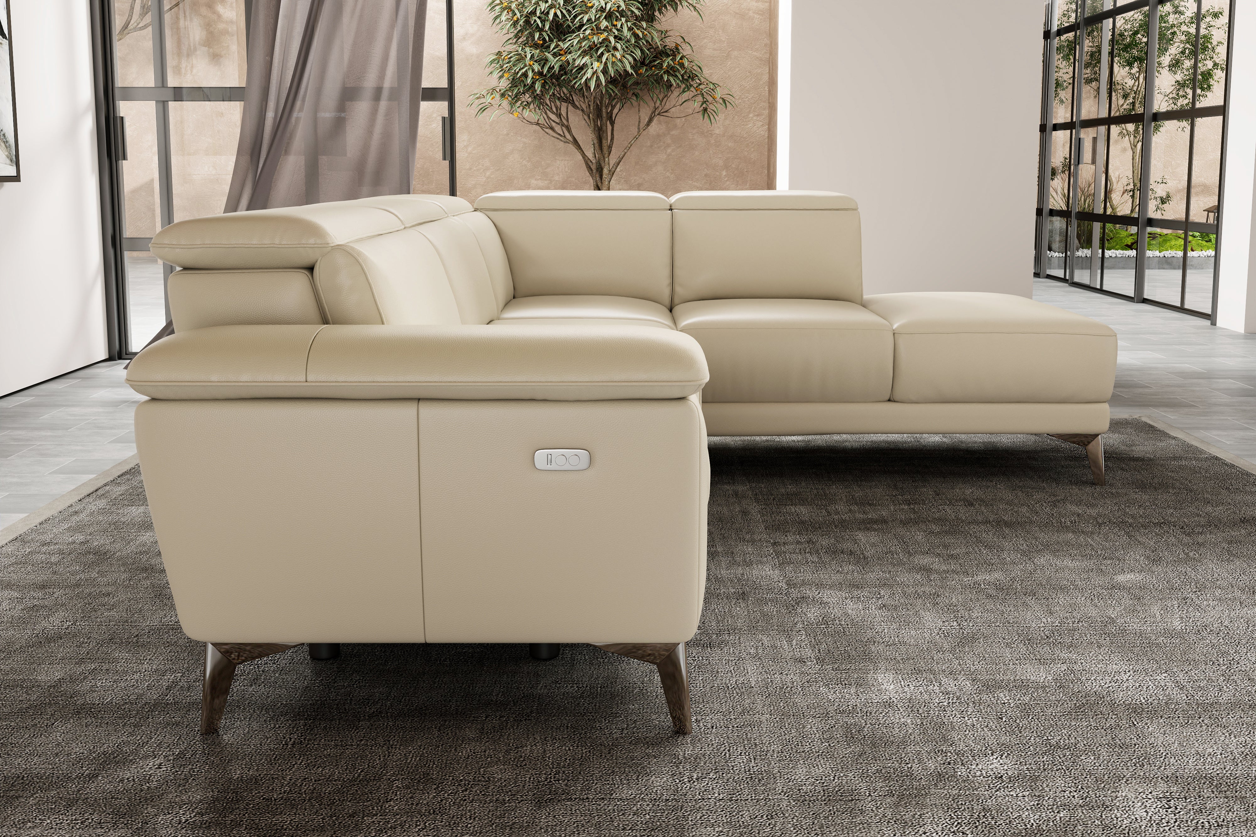 Valencia Pista Modern Top Grain Leather Reclining Sectional Sofa with Right-Hand Facing Chaise, Beige