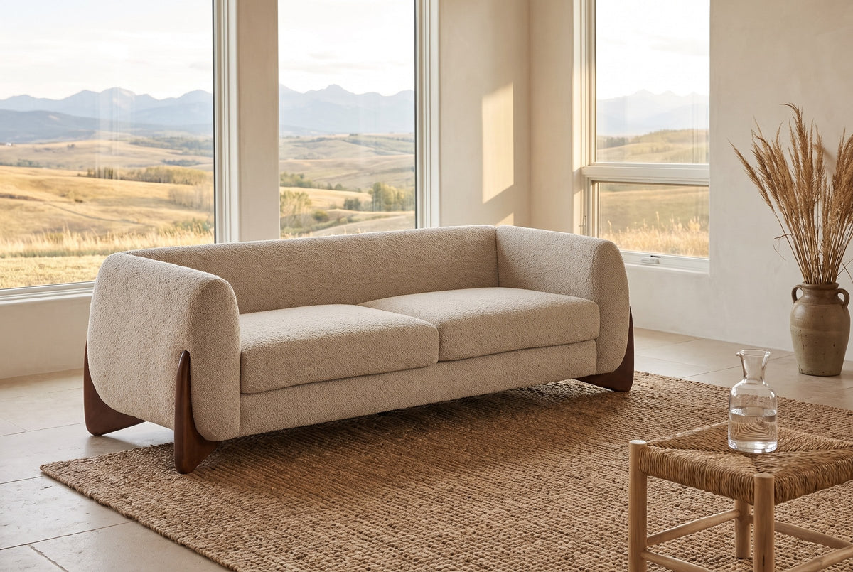 Pistoia sofa in a Calgary foothills great room with a jute rug, a rush stool and the Rockies through the windows