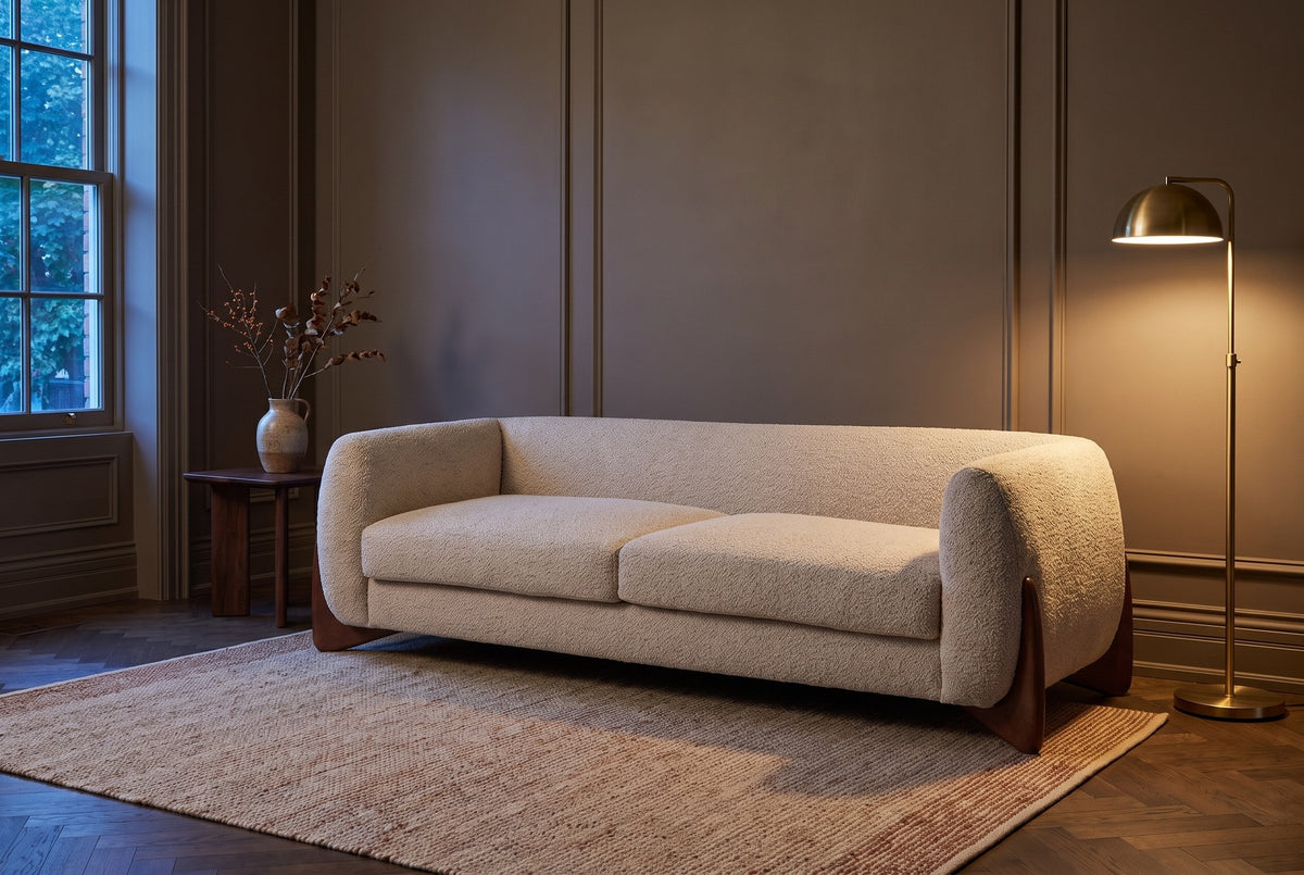 Pistoia sofa in a panelled Toronto townhouse living room at dusk, a brass floor lamp lit beside it
