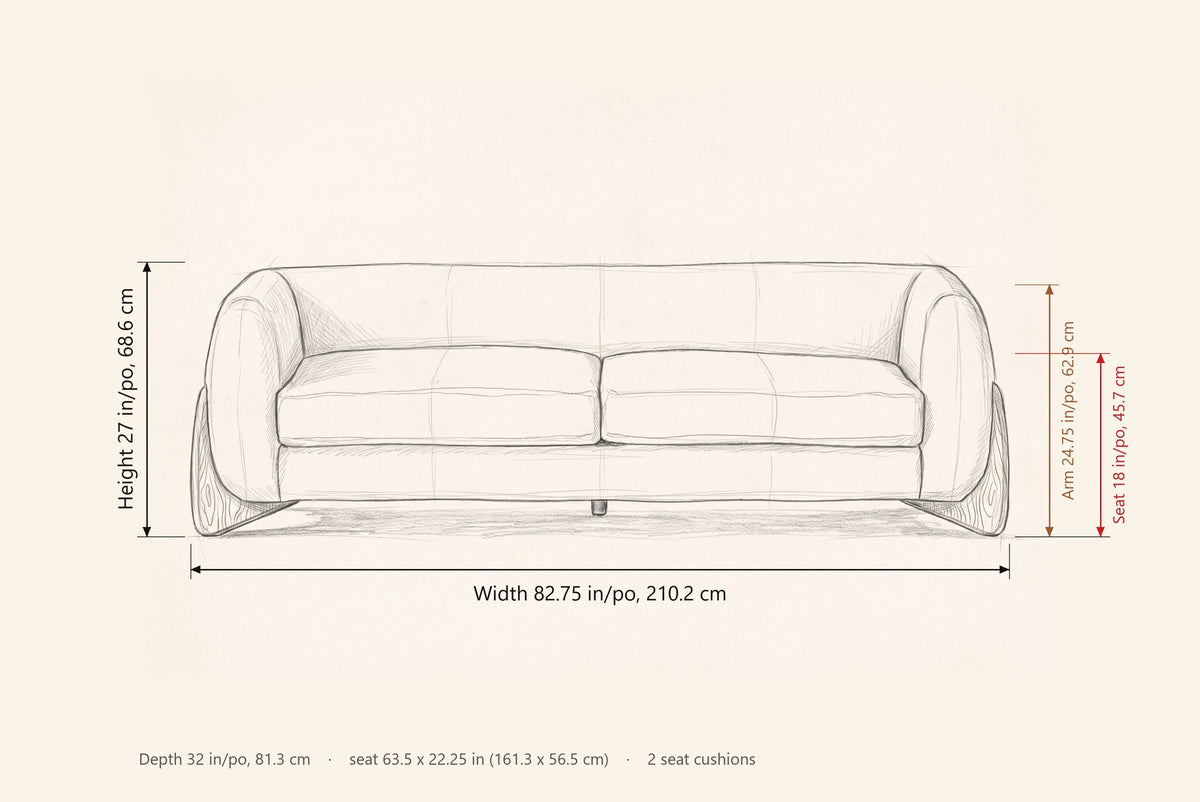 Pistoia sofa dimensions: 82.75 in wide, 27 in high, 32 in deep, seat height 18 in, arm height 24.75 in