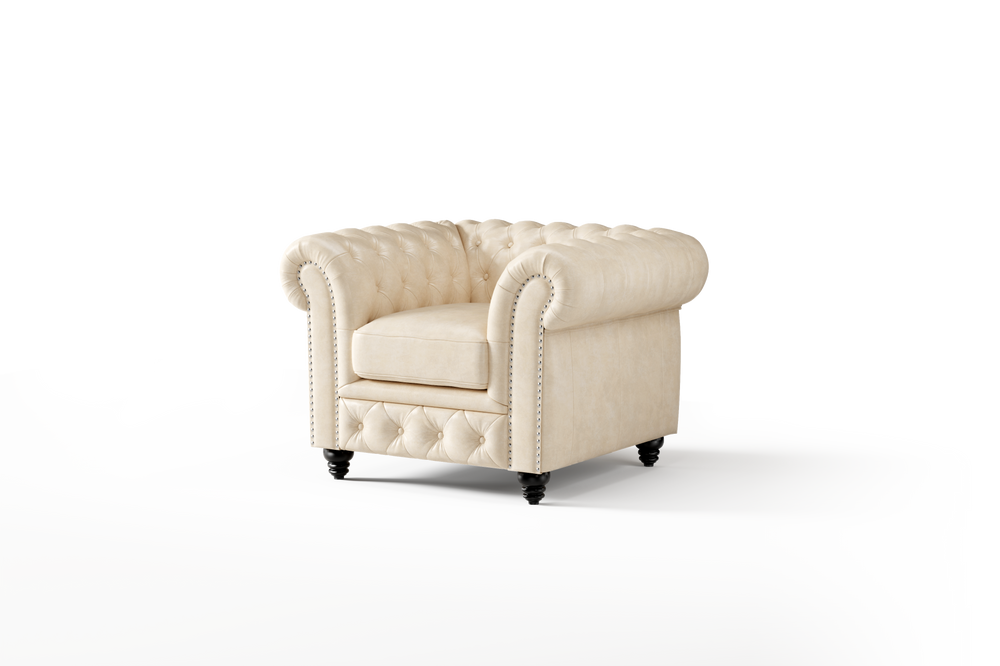 Valencia Parma Full Aniline Leather Chesterfield Single Sofa Accent Chair, Antique White Color