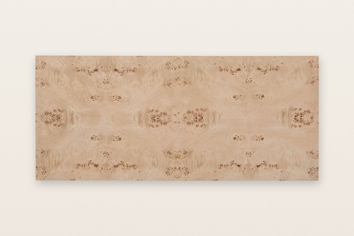 The Polcenigo top seen from above in Honey Blonde Burl: burl veneer leaves matched in mirror image along the length