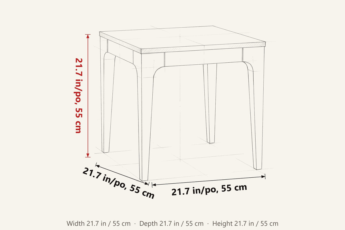 Polcenigo side table dimensions on a pencil sketch: 21.7 in wide, 21.7 in deep, 21.7 in high