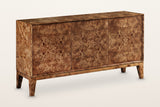 Polcenigo burl sideboard in Dark Burl, three-quarter view on a warm white studio backdrop: three flush book-matched doors wit