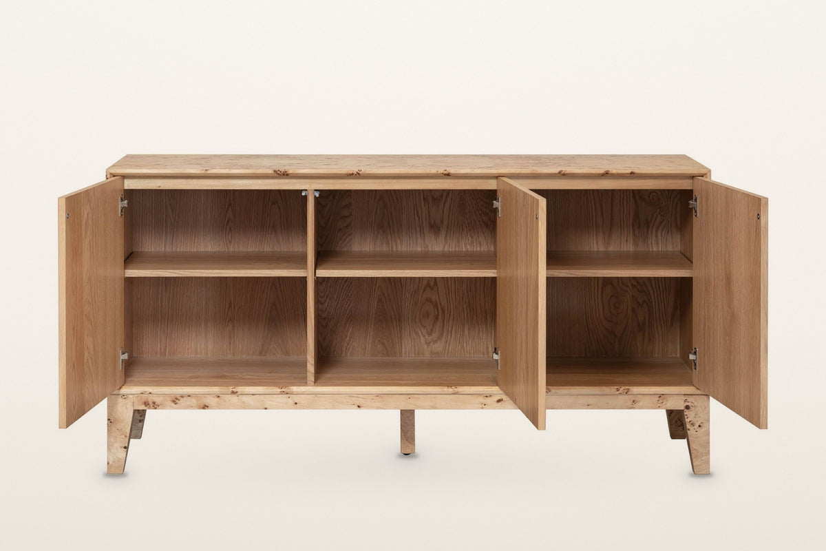 Polcenigo sideboard in Honey Blonde Burl with all three doors open on a warm white studio backdrop