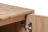 Close-up of the Polcenigo sideboard in Honey Blonde Burl with a door open: the bevelled edge of the burl top