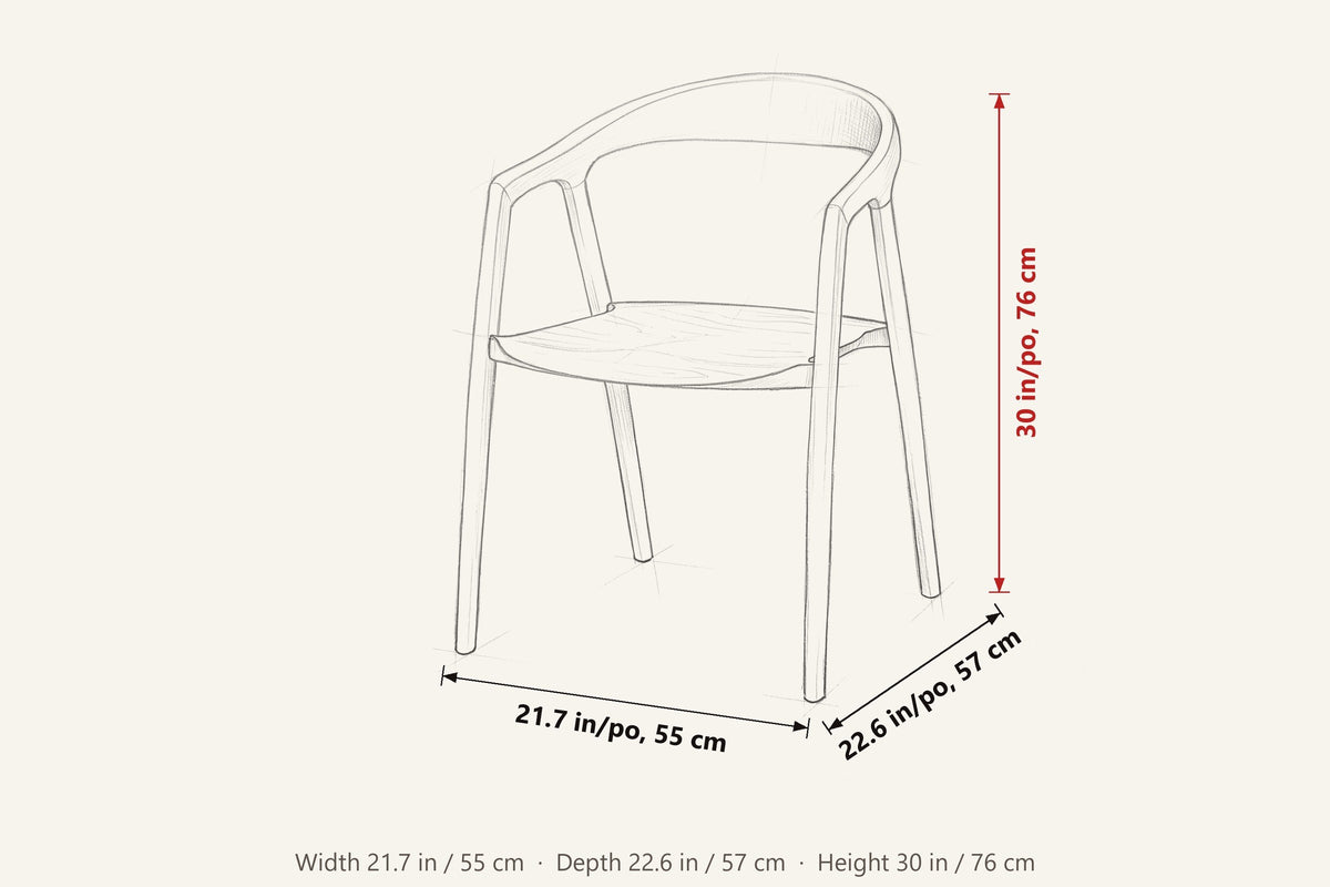 Pollica dimensions on a pencil sketch of the chair: 30 in high, 21.7 in wide, 22.6 in deep