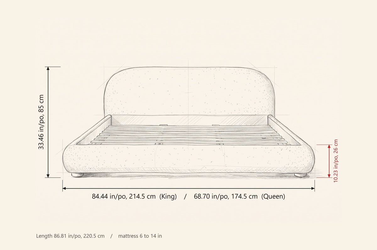 Pollutri bed dimensions: King 84.44 in wide, Queen 68.70 in wide, 33.46 in high, rails 10.23 in, 86.81 in long