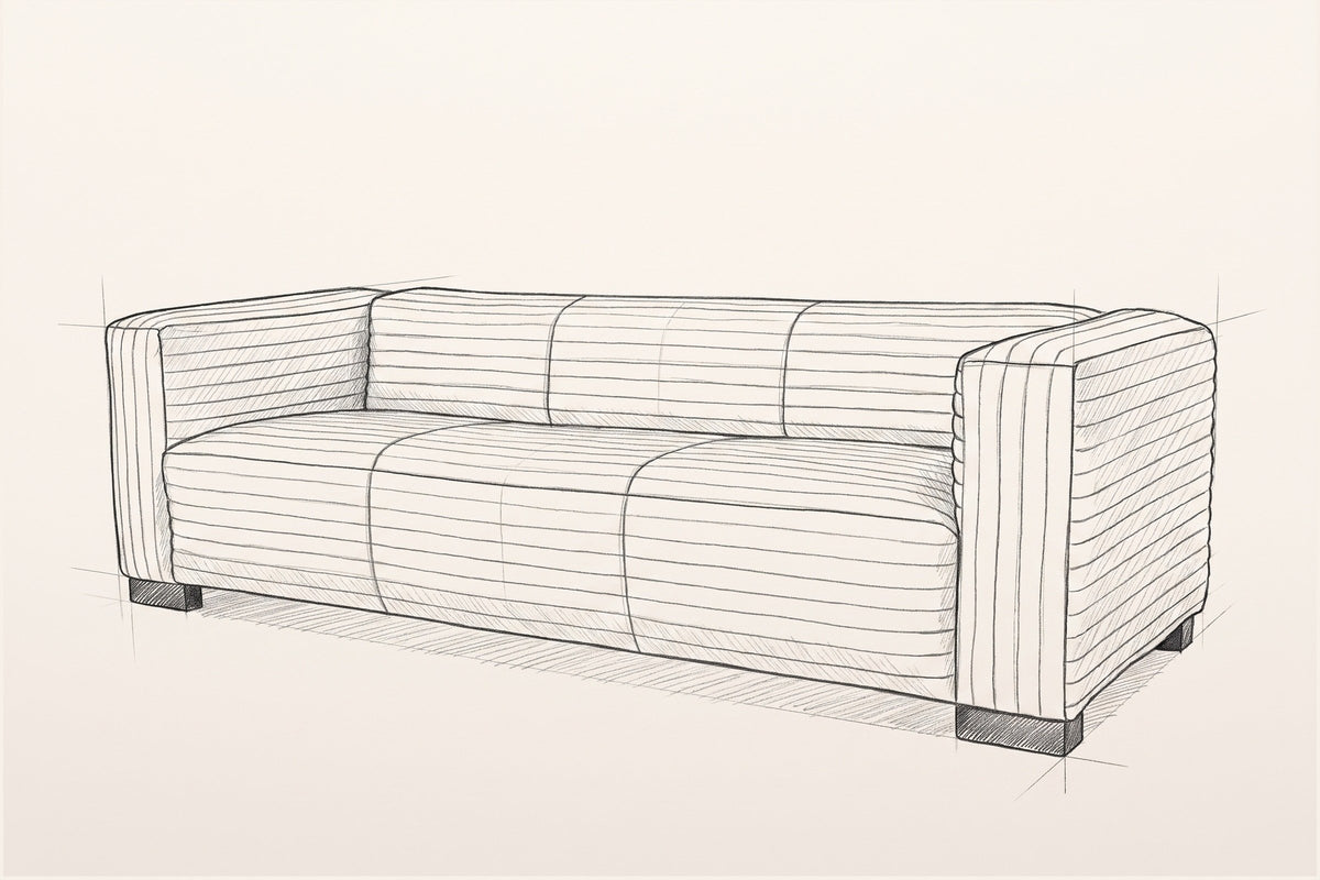 Pencil sketch of the Pontremoli sofa, three-quarter view
