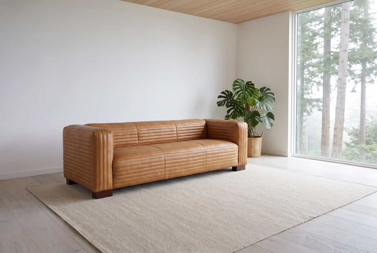 Pontremoli leather sofa in Latte in a cedar-ceilinged Kitsilano, Vancouver living room, tall firs through the window