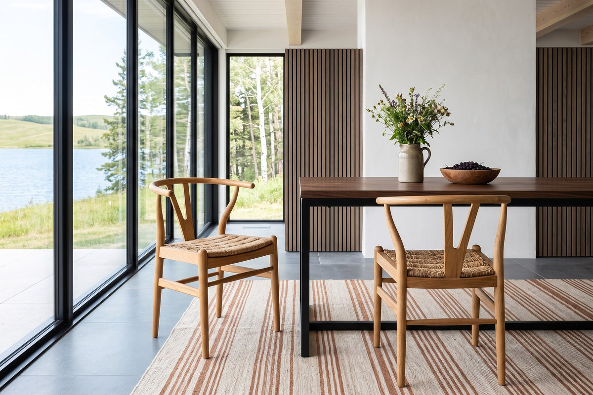 Two Poppi dining chairs in Brown at a walnut table on a black steel base in an Elkwater lake house