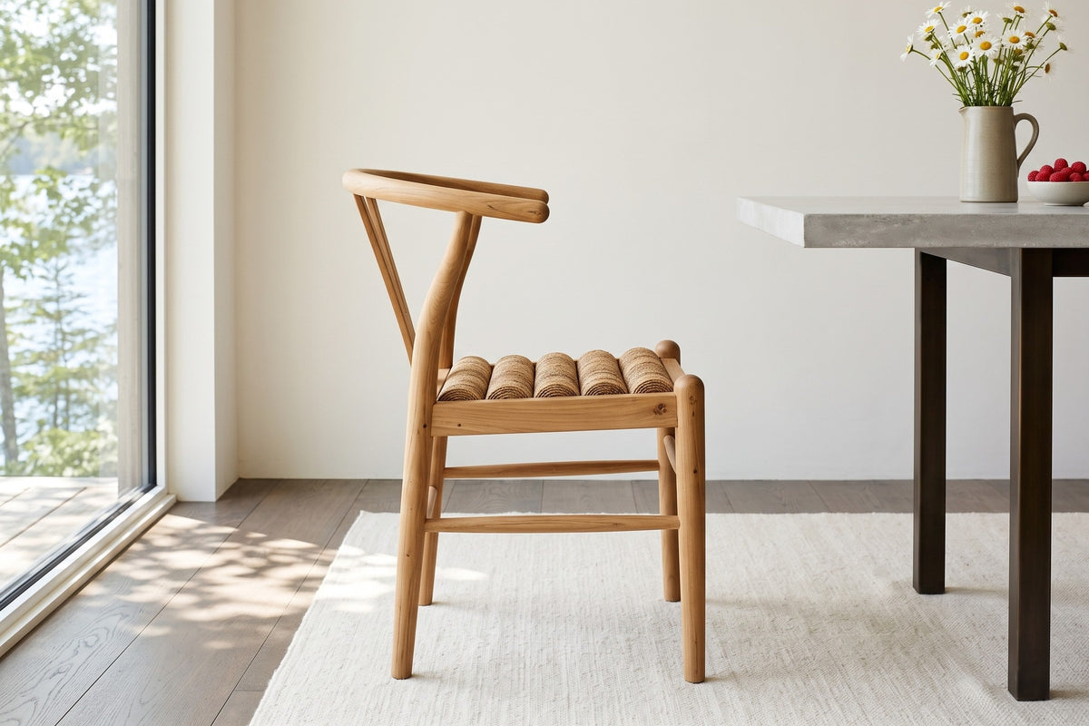A Poppi dining chair in Brown in side profile beside a pale limestone table in a Westport house on Big Rideau Lake
