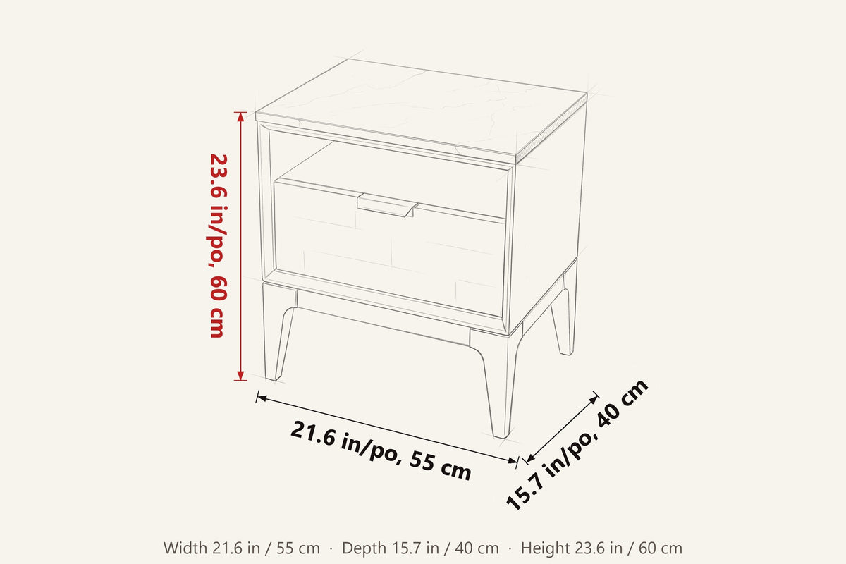 Postignano dimensions on a pencil sketch of the nightstand: 21.6 in wide, 15.7 in deep, 23.6 in high