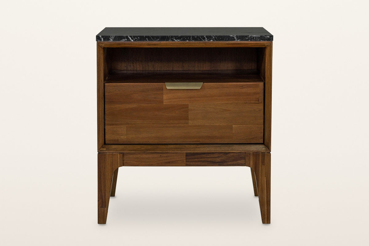 Postignano nightstand in Walnut, front view on a warm white studio backdrop: the open niche over one drawer with a small bras