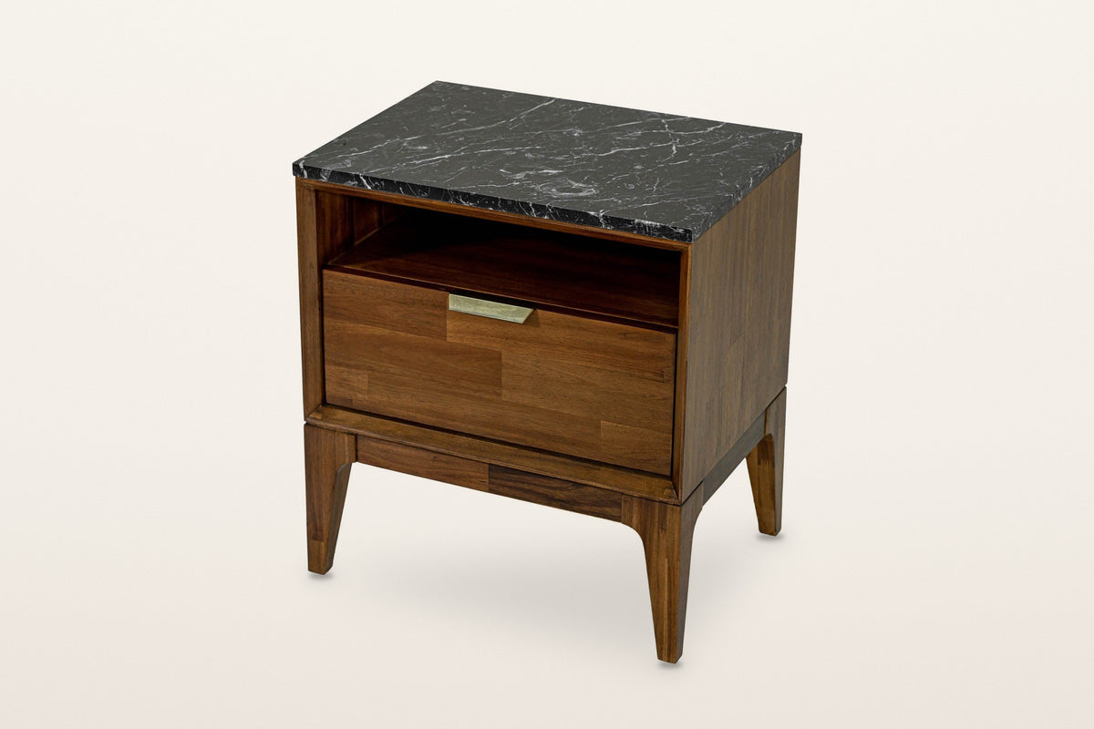 Postignano nightstand in walnut-finish acacia with a black marble top