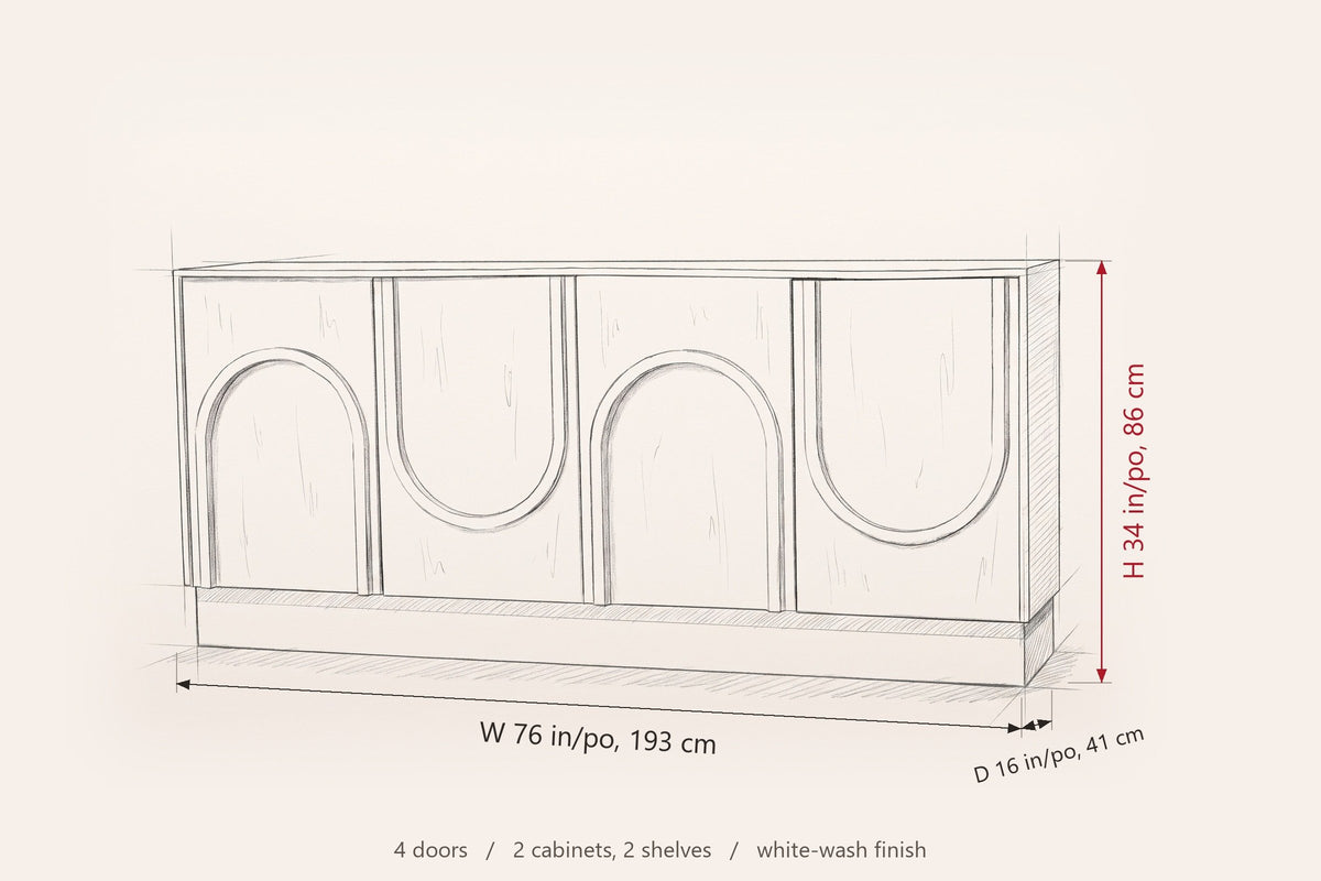 Pragelato sideboard dimensions: 76 in wide, 16 in deep, 34 in high